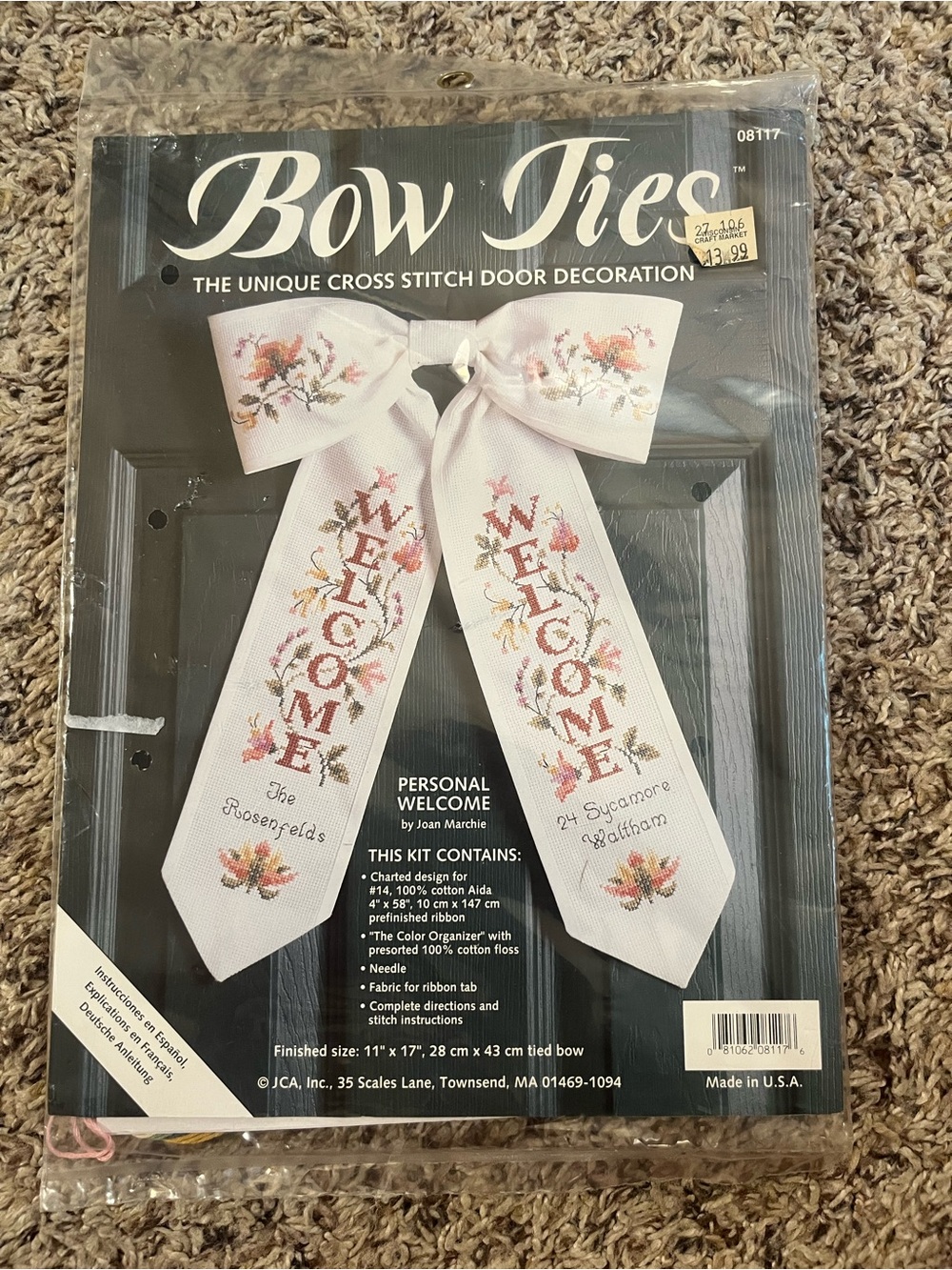NWT Bow Ties Personal Welcome Cross-stitch Door Decoration - Floral, Cottagecore